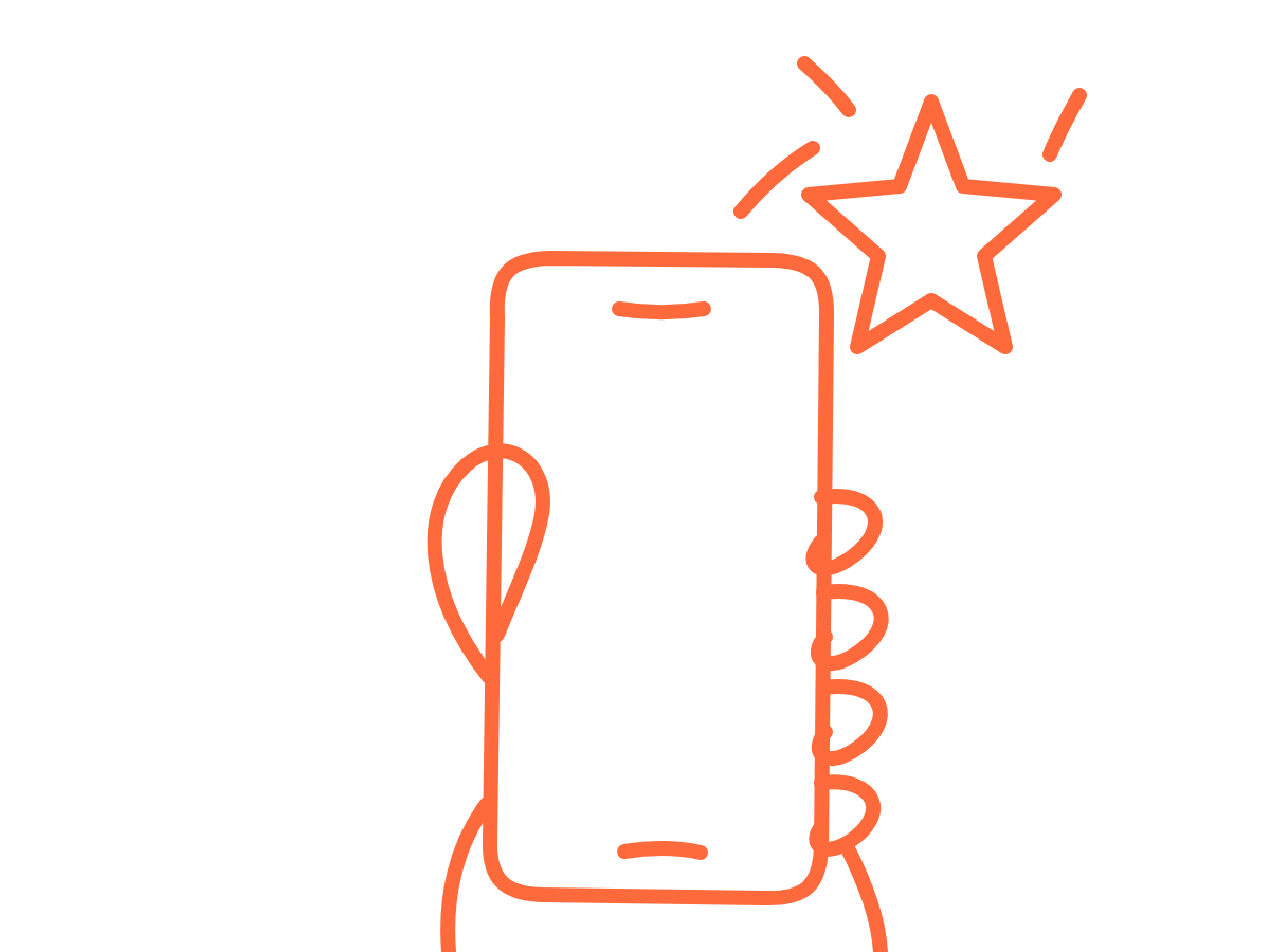 line drawing of a hand holding a phone with a small star popping out of it