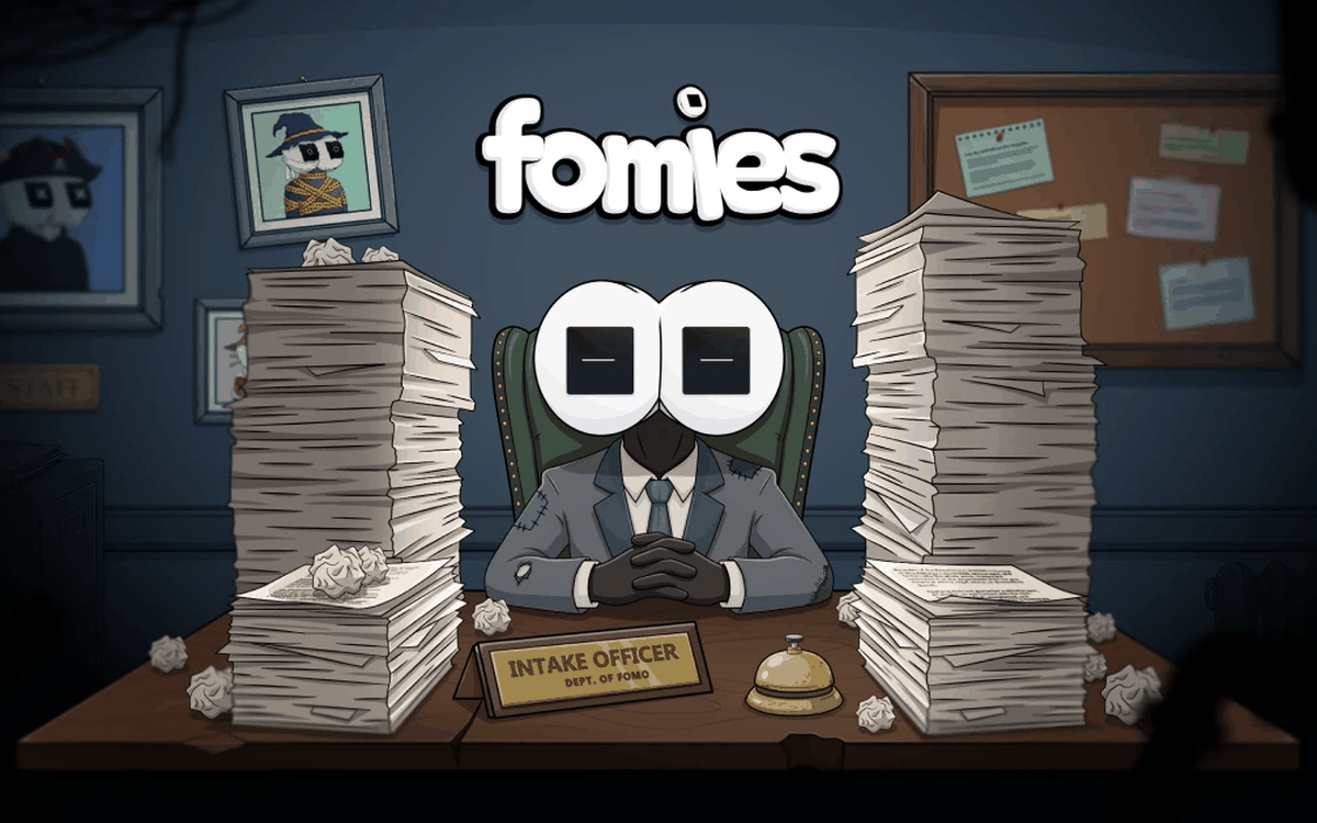 fomies: the intake clerk, a character with giant eyes and a dark visor, at a desk stacked with paperwork under the fomies logo